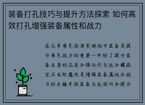 装备打孔技巧与提升方法探索 如何高效打孔增强装备属性和战力